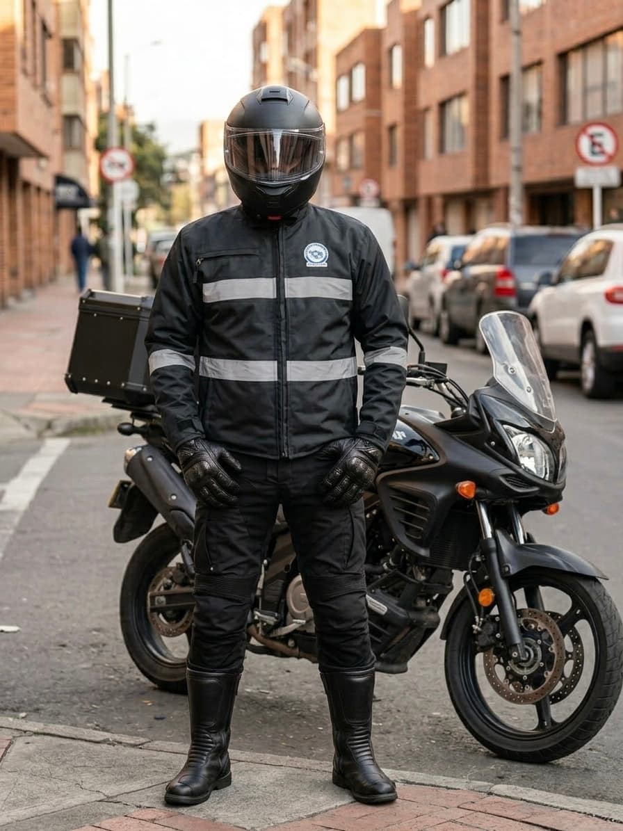 Mensajero con chaqueta reflectiva y moto